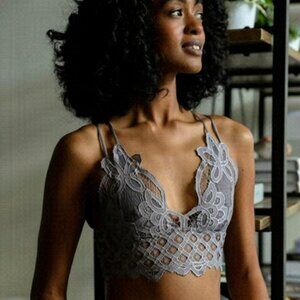 TRÏBE Gray Crochet Lace Longline Boho Bralette Size Medium NWT